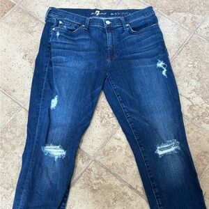 7 For All Mankind Blue Skinny Jeans with Distressed Details